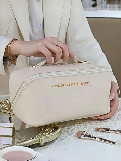 Waterproof PU Leather Makeup Bag, Cosmetic Storage Bag, Portable Toiletry Bag, Waterproof PU Skincare Storage Bag, Large Capacity Double Layer Makeup Bag With Compartments, Spacious Toiletry Bag With