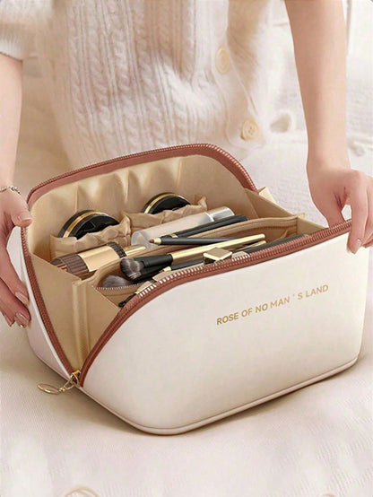 Waterproof PU Leather Makeup Bag, Cosmetic Storage Bag, Portable Toiletry Bag, Waterproof PU Skincare Storage Bag, Large Capacity Double Layer Makeup Bag With Compartments, Spacious Toiletry Bag With