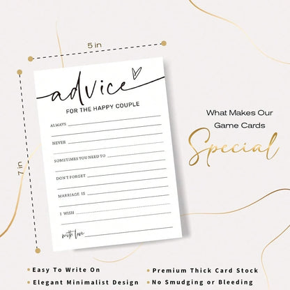 Wedding Party Game Cards, Advice For The Happy Couple, Bridal Shower Games, Engagement Party Wedding Games, Minimalist White Wedding Party Supplies