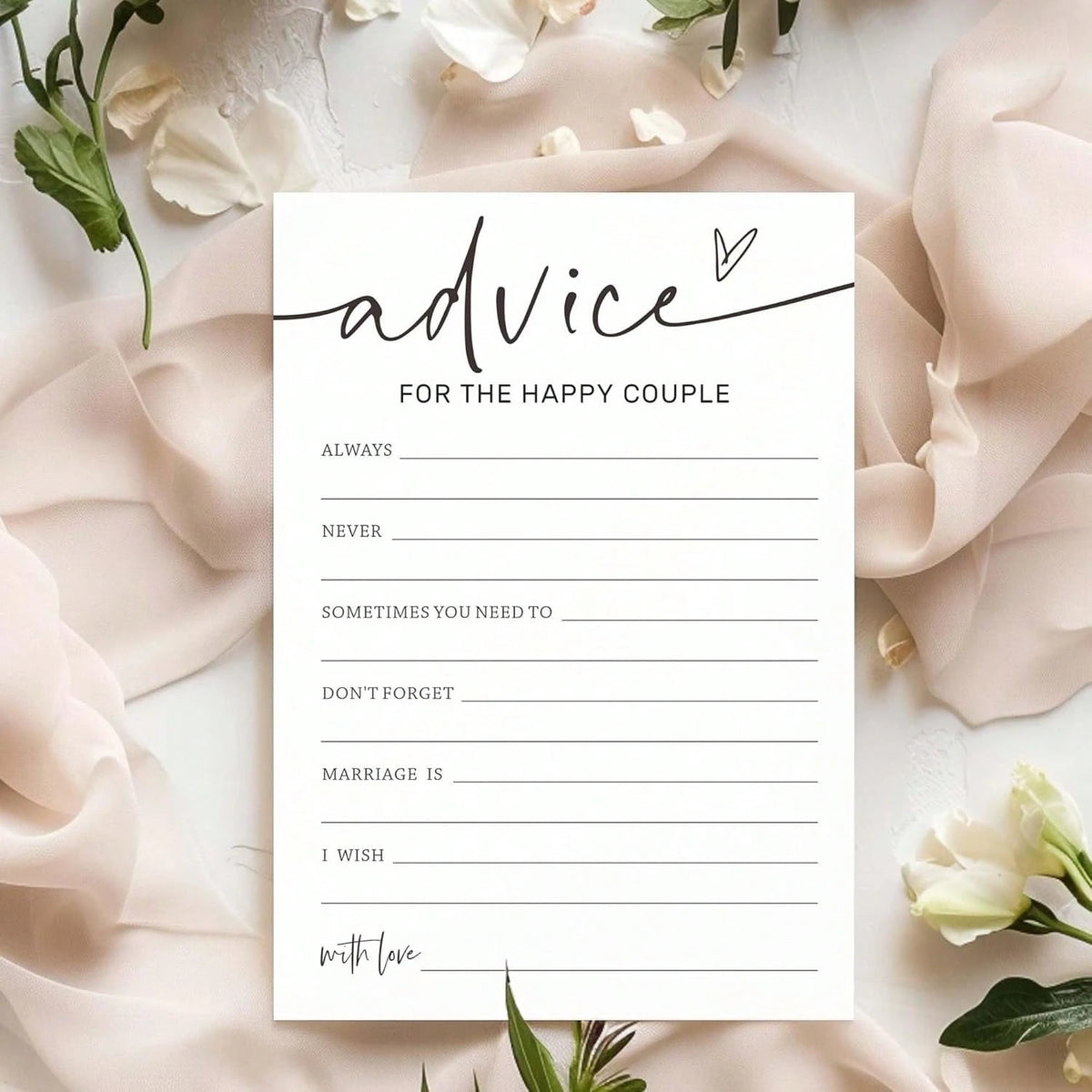 Wedding Party Game Cards, Advice For The Happy Couple, Bridal Shower Games, Engagement Party Wedding Games, Minimalist White Wedding Party Supplies