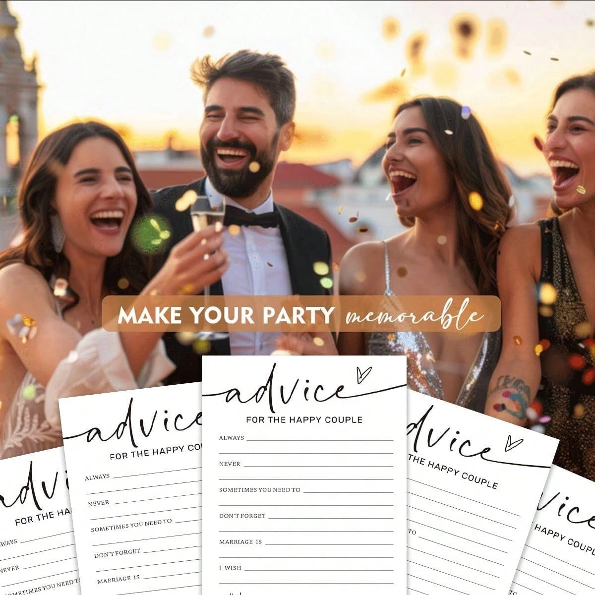 Wedding Party Game Cards, Advice For The Happy Couple, Bridal Shower Games, Engagement Party Wedding Games, Minimalist White Wedding Party Supplies