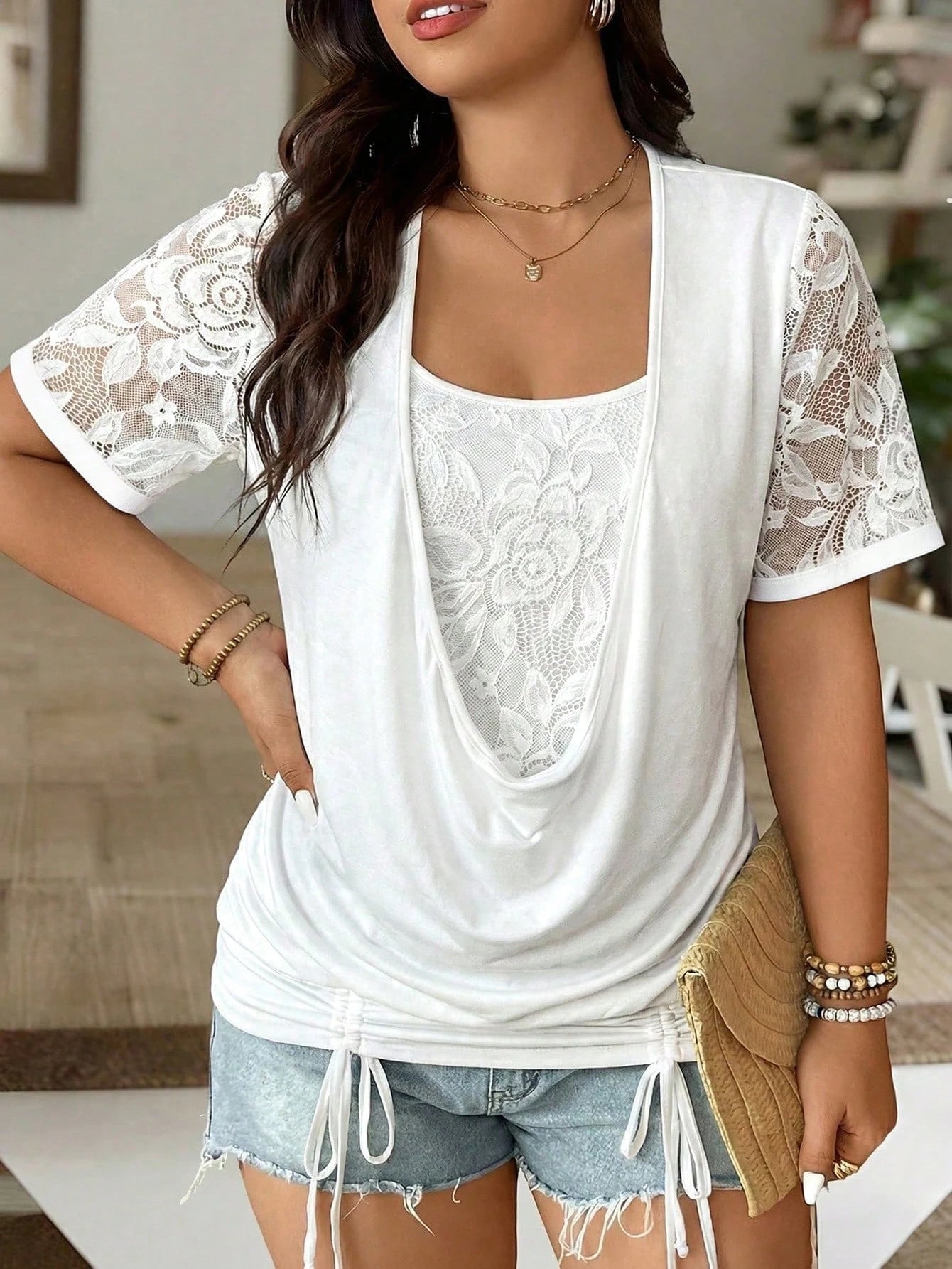 Weeklong Plus Size Soft Knit Fabric Contrast Lace Round Neck Loose Hem Short Sleeve 2 In 1 T-Shirt, Elegant For Outings, Gatherings, Vacations, Mature