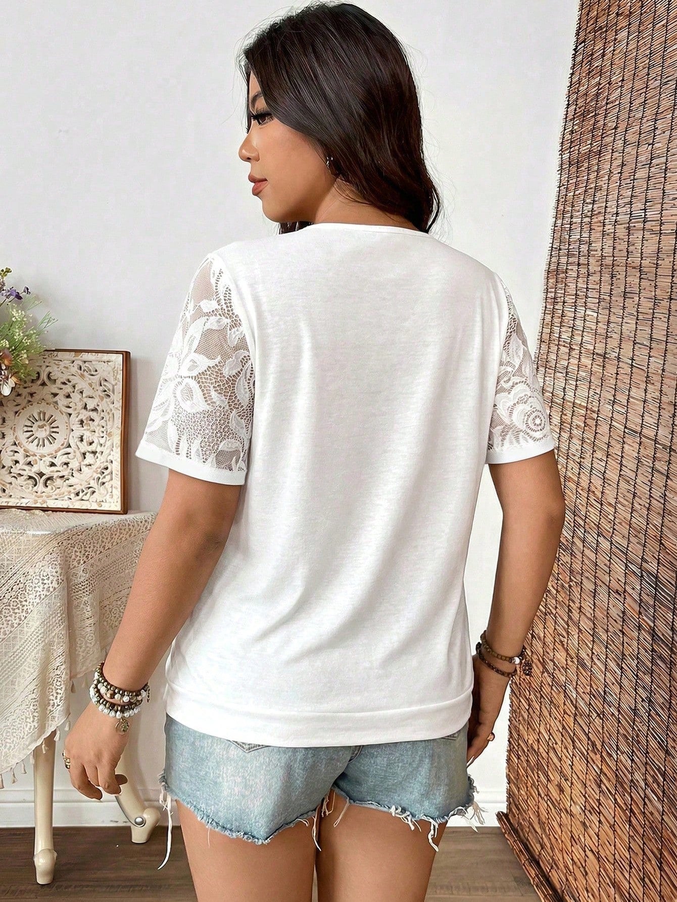 Weeklong Plus Size Soft Knit Fabric Contrast Lace Round Neck Loose Hem Short Sleeve 2 In 1 T-Shirt, Elegant For Outings, Gatherings, Vacations, Mature
