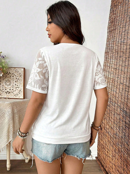 Weeklong Plus Size Soft Knit Fabric Contrast Lace Round Neck Loose Hem Short Sleeve 2 In 1 T-Shirt, Elegant For Outings, Gatherings, Vacations, Mature