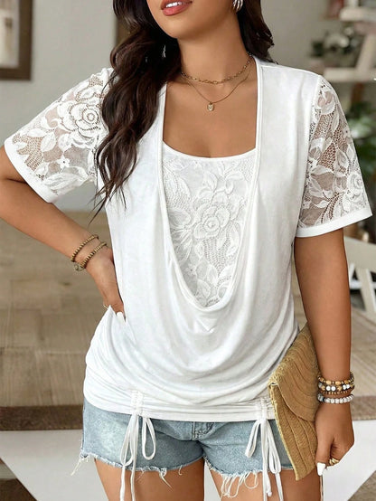 Weeklong Plus Size Soft Knit Fabric Contrast Lace Round Neck Loose Hem Short Sleeve 2 In 1 T-Shirt, Elegant For Outings, Gatherings, Vacations, Mature