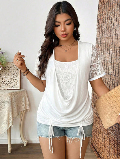 Weeklong Plus Size Soft Knit Fabric Contrast Lace Round Neck Loose Hem Short Sleeve 2 In 1 T-Shirt, Elegant For Outings, Gatherings, Vacations, Mature