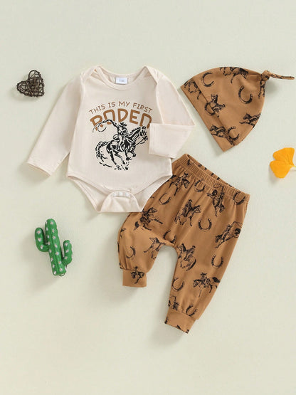 Western Baby Boy Clothes Fall My First Rodeo Outfit Long Sleeve Romper Pants Set Hat 3Pcs Newborn Cowboy Outfits