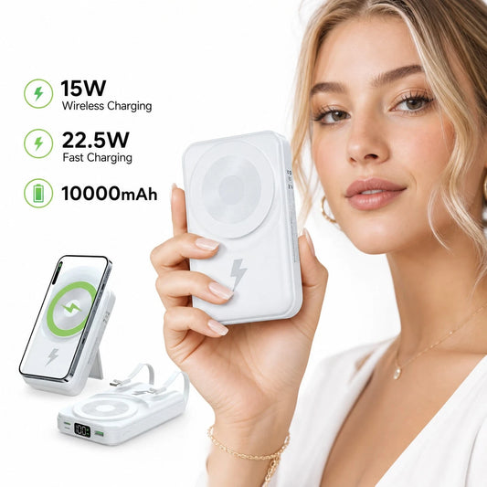 White 10000mAh Magnetic Wireless Battery Pack With 15W Output And 22.5W Fast Charging, Featuring A Digital Battery Level Display, White Rectangular Body And Practical Kickstand, Suited To Compatible