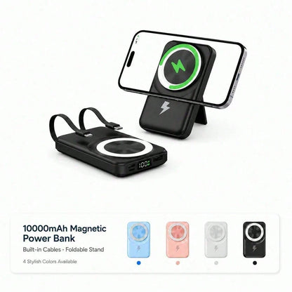 White 10000mAh Magnetic Wireless Battery Pack With 15W Output And 22.5W Fast Charging, Featuring A Digital Battery Level Display, White Rectangular Body And Practical Kickstand, Suited To Compatible