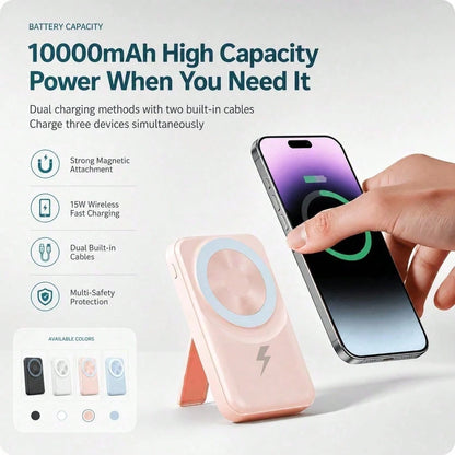 White 10000mAh Magnetic Wireless Battery Pack With 15W Output And 22.5W Fast Charging, Featuring A Digital Battery Level Display, White Rectangular Body And Practical Kickstand, Suited To Compatible