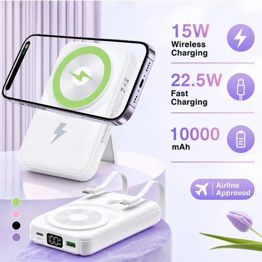 White 10000mAh Wireless Portable Charger With Magnetic Alignment And 22.5W Fast Charge, Featuring A Digital Remaining-Power Display, Compact Body And Fold-Out Support For Travel Use, Compatible With I