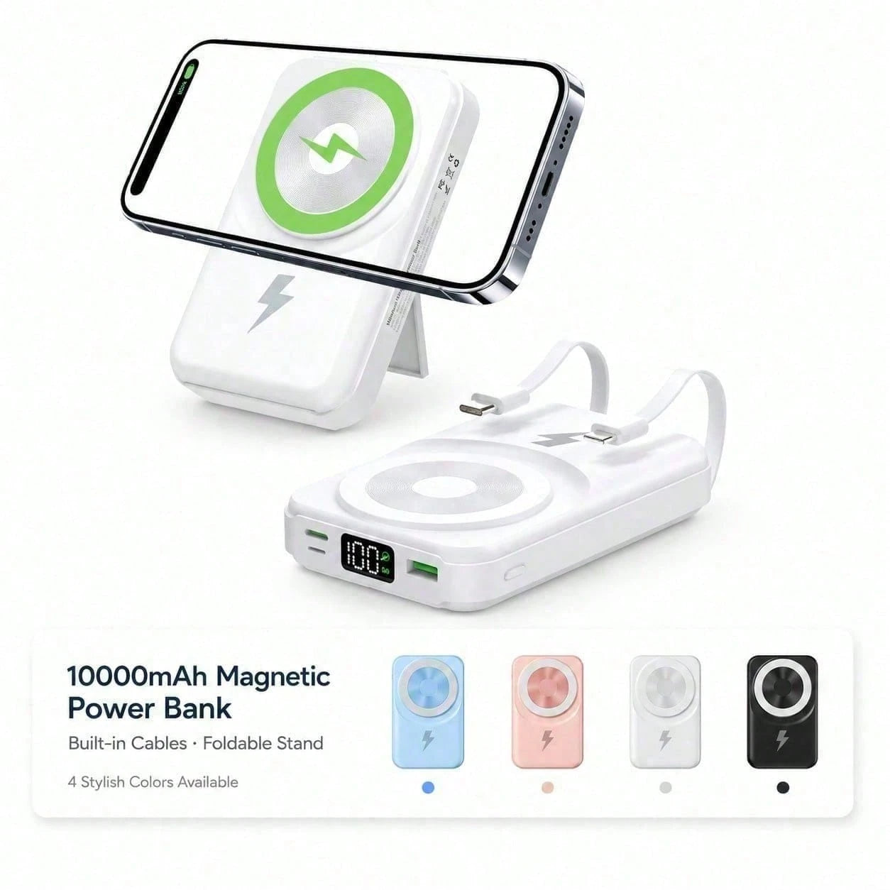 White 10000mAh Wireless Portable Charger With Magnetic Alignment And 22.5W Fast Charge, Featuring A Digital Remaining-Power Display, Compact Body And Fold-Out Support For Travel Use, Compatible With I