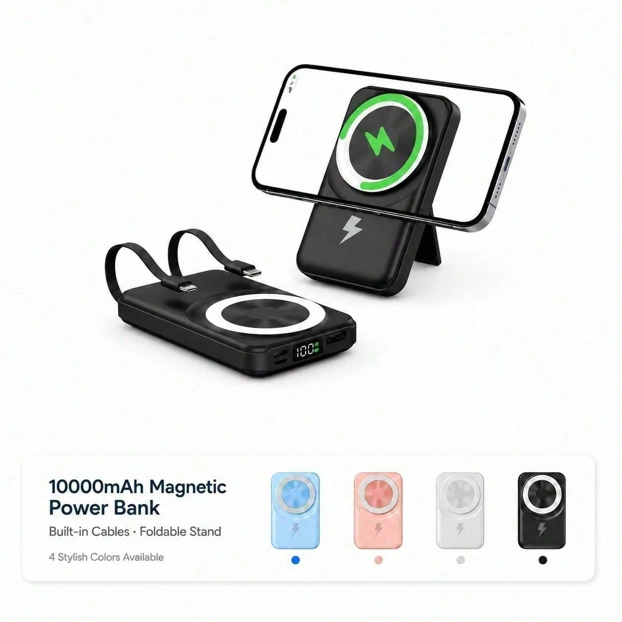 White 10000mAh Wireless Portable Charger With Magnetic Alignment And 22.5W Fast Charge, Featuring A Digital Remaining-Power Display, Compact Body And Fold-Out Support For Travel Use, Compatible With I