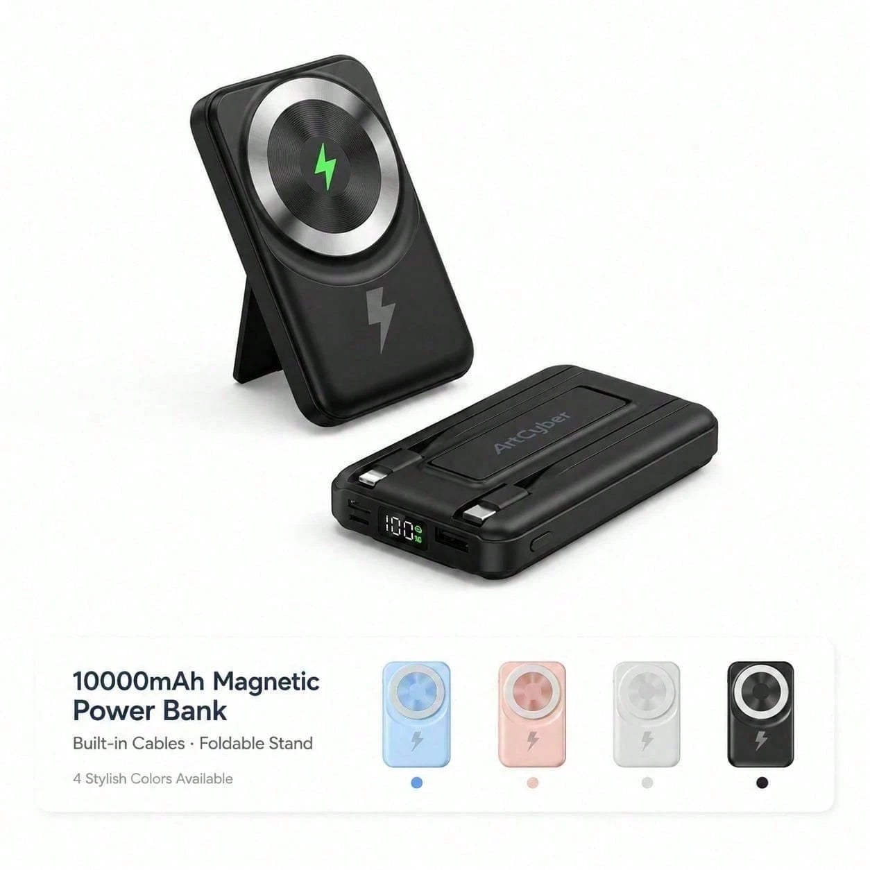 White 10000mAh Wireless Portable Charger With Magnetic Alignment And 22.5W Fast Charge, Featuring A Digital Remaining-Power Display, Compact Body And Fold-Out Support For Travel Use, Compatible With I