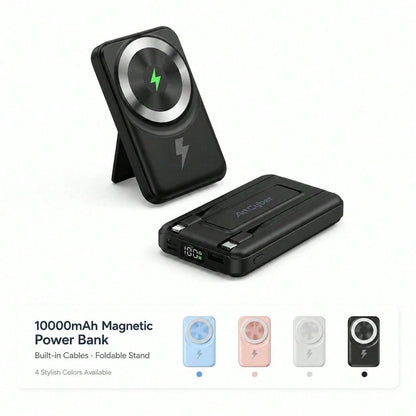 White 10000mAh Wireless Portable Charger With Magnetic Alignment And 22.5W Fast Charge, Featuring A Digital Remaining-Power Display, Compact Body And Fold-Out Support For Travel Use, Compatible With I