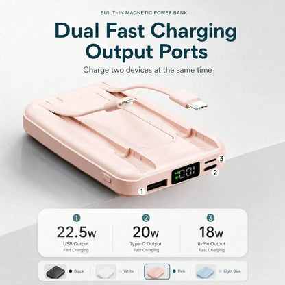 White 10000mAh Wireless Portable Charger With Magnetic Alignment And 22.5W Fast Charge, Featuring A Digital Remaining-Power Display, Compact Body And Fold-Out Support For Travel Use, Compatible With I