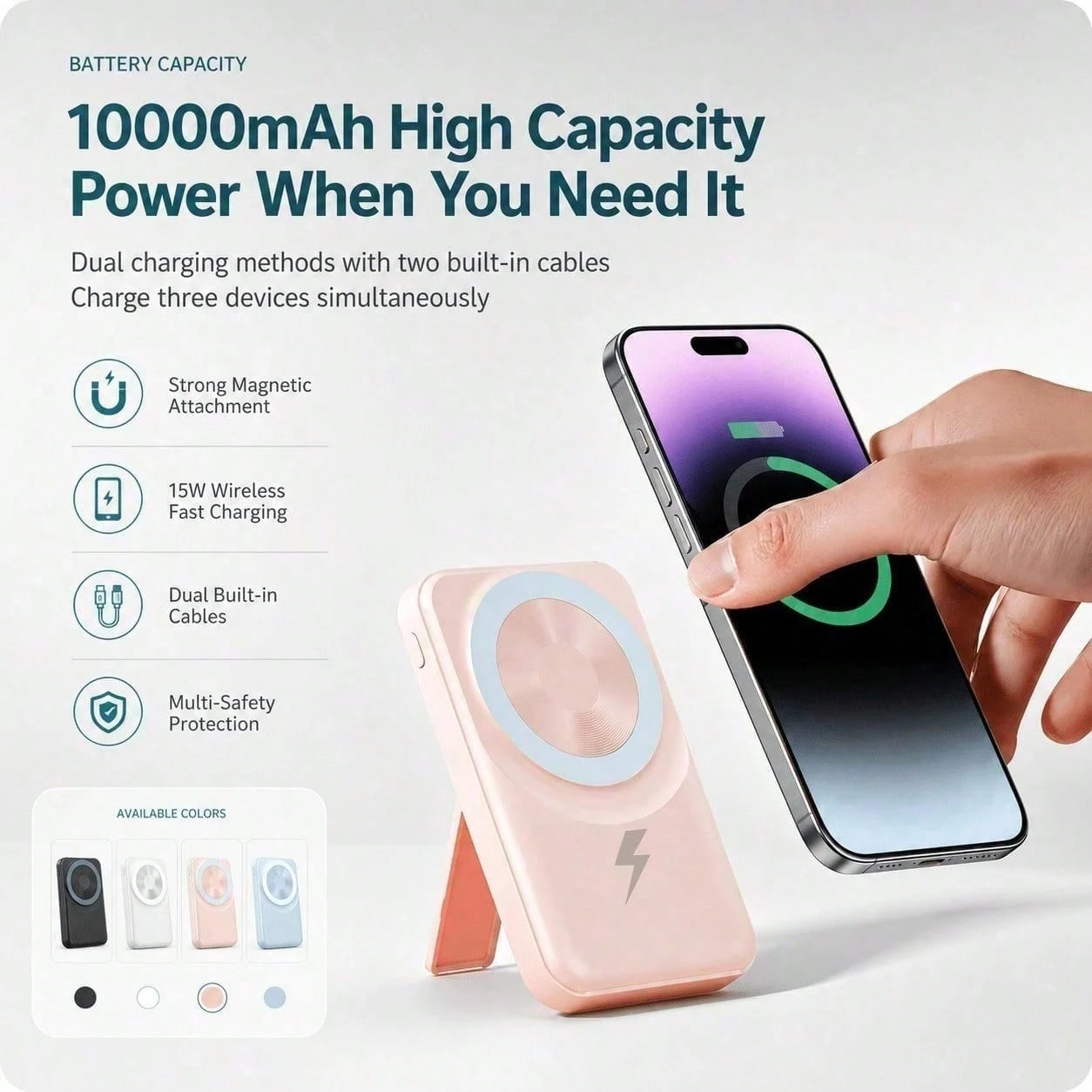 White 10000mAh Wireless Portable Charger With Magnetic Alignment And 22.5W Fast Charge, Featuring A Digital Remaining-Power Display, Compact Body And Fold-Out Support For Travel Use, Compatible With I