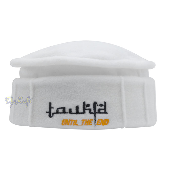 White Afghani-Style "Tauhid until the end" Faux Wool Stretchable Pakol Mujahidin Soft Kufi Hat