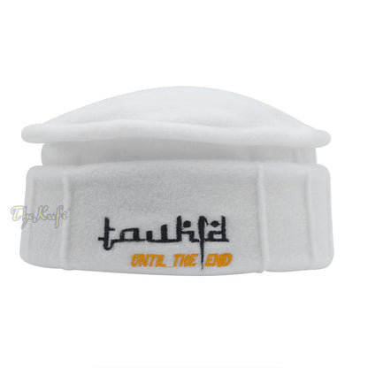 White Afghani-Style "Tauhid until the end" Faux Wool Stretchable Pakol Mujahidin Soft Kufi Hat