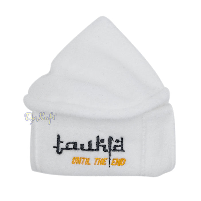 White Afghani-Style "Tauhid until the end" Faux Wool Stretchable Pakol Mujahidin Soft Kufi Hat