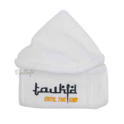 White Afghani-Style "Tauhid until the end" Faux Wool Stretchable Pakol Mujahidin Soft Kufi Hat