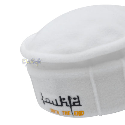 White Afghani-Style "Tauhid until the end" Faux Wool Stretchable Pakol Mujahidin Soft Kufi Hat