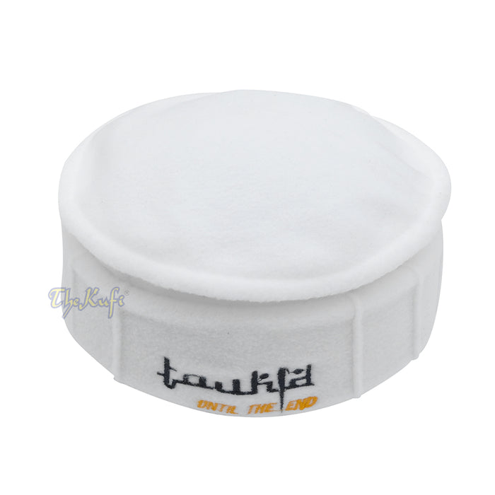 White Afghani-Style "Tauhid until the end" Faux Wool Stretchable Pakol Mujahidin Soft Kufi Hat