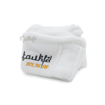 White Afghani-Style "Tauhid until the end" Faux Wool Stretchable Pakol Mujahidin Soft Kufi Hat