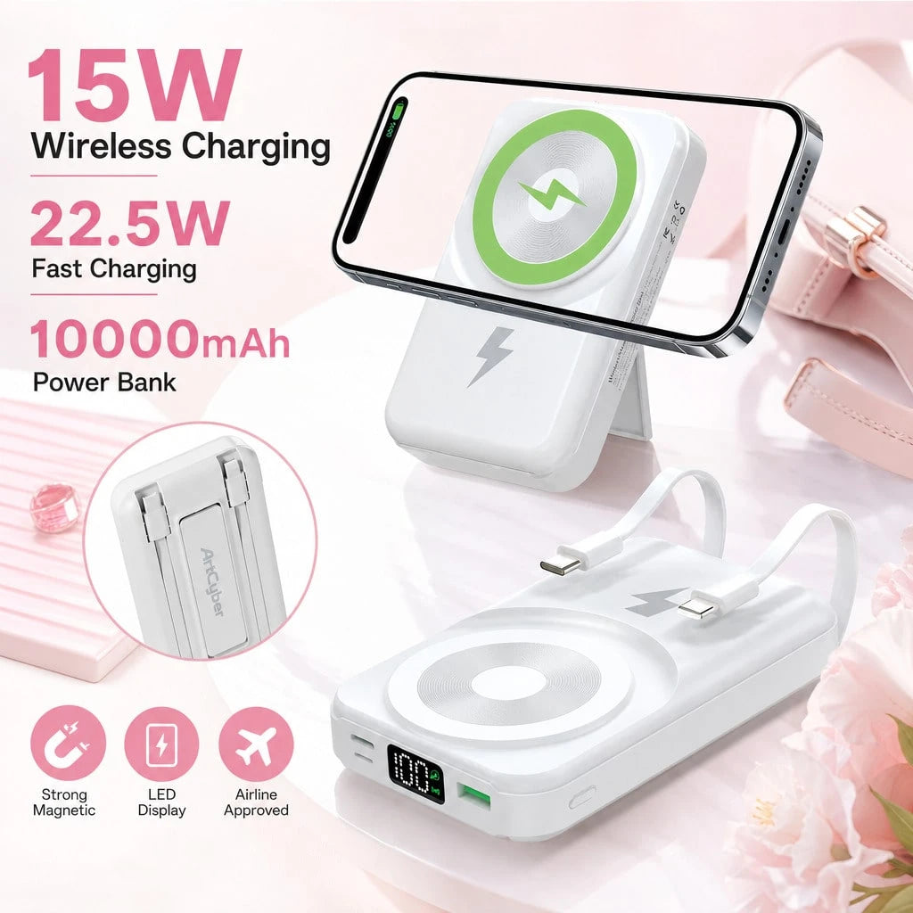 White And Green 10000mAh Magnetic Phone Charger With 15W Wireless And 22.5W Fast Charging, With Digital Battery Indicator, Slim Rectangular Case And Kickstand For Desk Or Bedside Use, Compatible With
