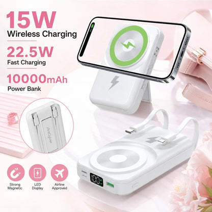 White And Green 10000mAh Magnetic Phone Charger With 15W Wireless And 22.5W Fast Charging, With Digital Battery Indicator, Slim Rectangular Case And Kickstand For Desk Or Bedside Use, Compatible With