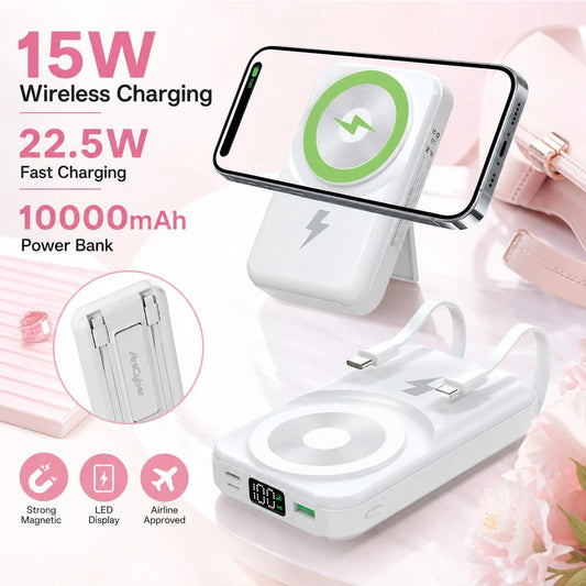 White And Green 10000mAh Magnetic Phone Charger With 15W Wireless And 22.5W Fast Charging, With Digital Battery Indicator, Slim Rectangular Case And Kickstand For Desk Or Bedside Use, Compatible With