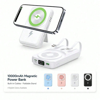 White And Green 10000mAh Magnetic Phone Charger With 15W Wireless And 22.5W Fast Charging, With Digital Battery Indicator, Slim Rectangular Case And Kickstand For Desk Or Bedside Use, Compatible With