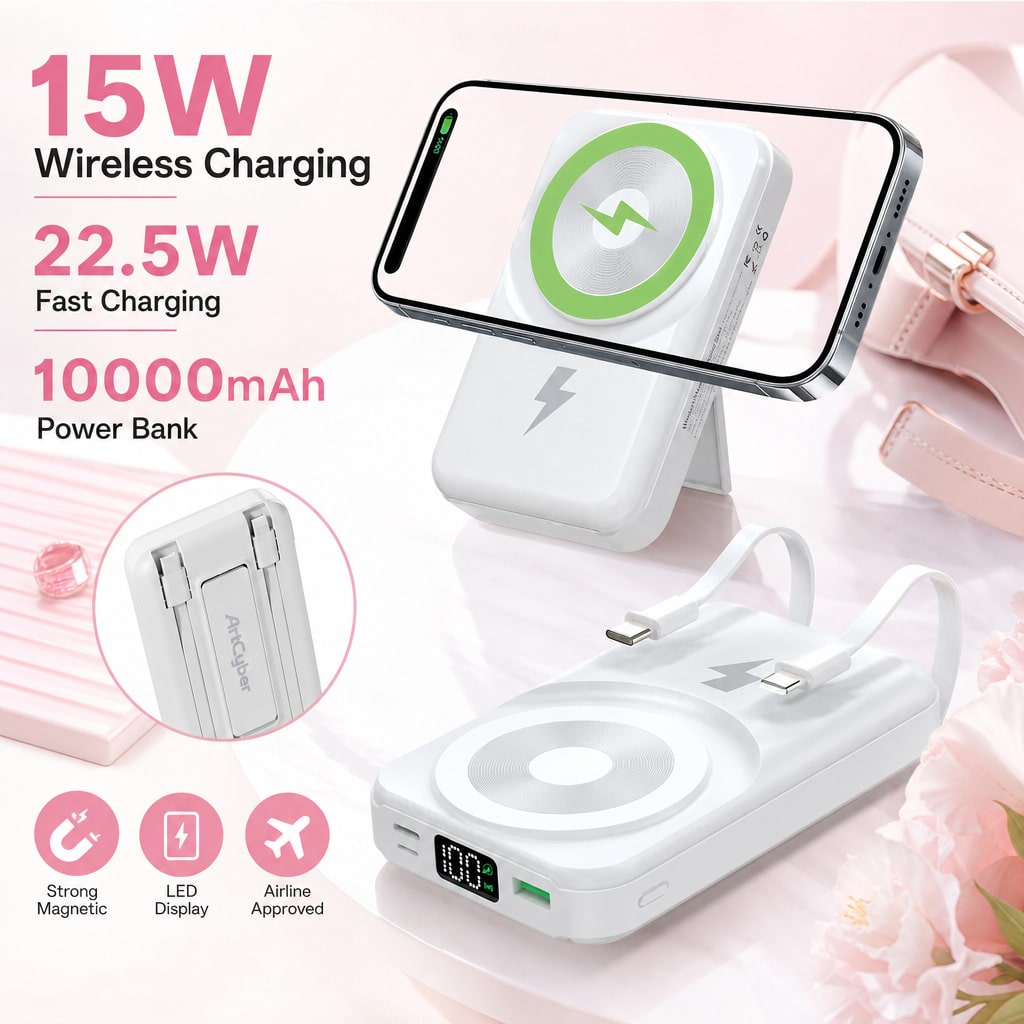 White And Green 10000mAh Magnetic Phone Charger With 15W Wireless And 22.5W Fast Charging, With Digital Battery Indicator, Slim Rectangular Case And Kickstand For Desk Or Bedside Use, Compatible With