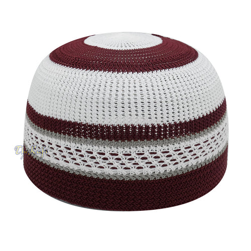 White and Maroon with Gray Stripes & Dotted Lines Nylon Stretchy Textured Kufi Hat Skullcap