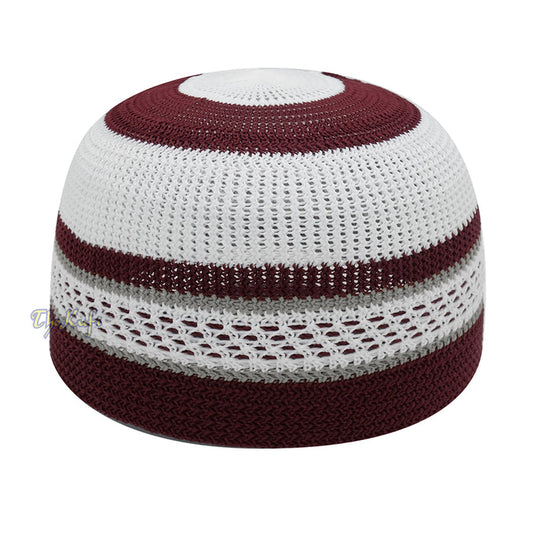 White and Maroon with Gray Stripes & Dotted Lines Nylon Stretchy Textured Kufi Hat Skullcap