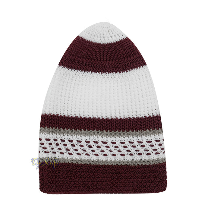 White and Maroon with Gray Stripes & Dotted Lines Nylon Stretchy Textured Kufi Hat Skullcap