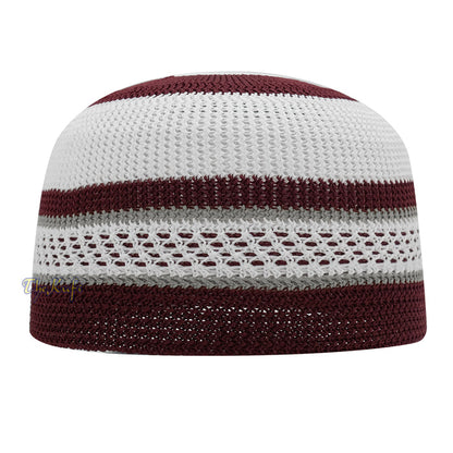 White and Maroon with Gray Stripes & Dotted Lines Nylon Stretchy Textured Kufi Hat Skullcap