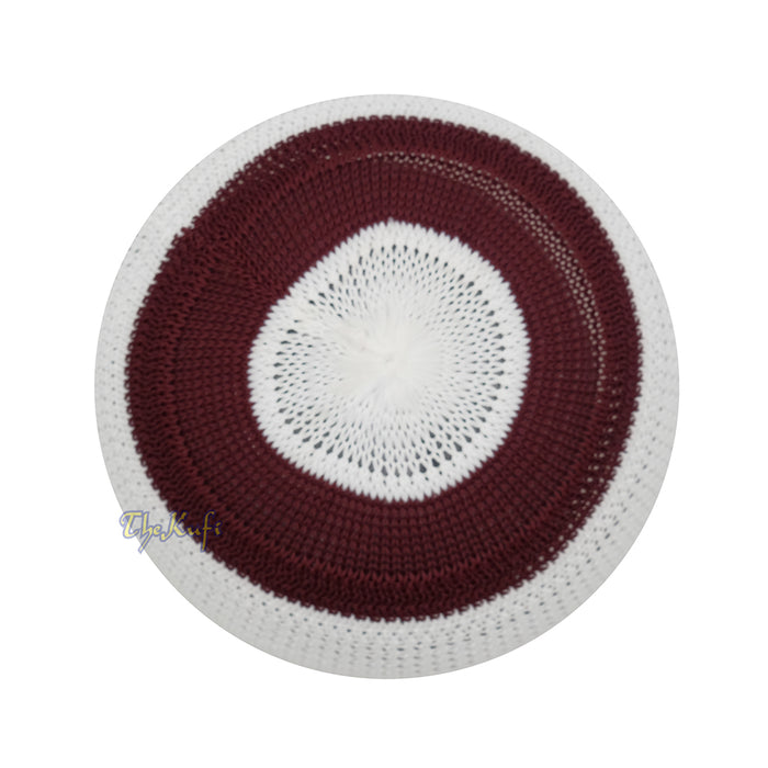 White and Maroon with Gray Stripes & Dotted Lines Nylon Stretchy Textured Kufi Hat Skullcap
