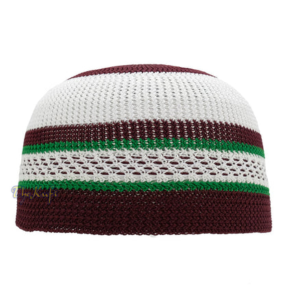 White and Maroon with Green Stripes & Dotted Lines Nylon Stretchy Textured Kufi Hat Skullcap