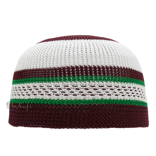 White and Maroon with Green Stripes & Dotted Lines Nylon Stretchy Textured Kufi Hat Skullcap