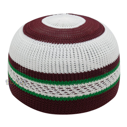 White and Maroon with Green Stripes & Dotted Lines Nylon Stretchy Textured Kufi Hat Skullcap