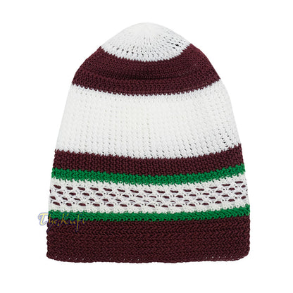 White and Maroon with Green Stripes & Dotted Lines Nylon Stretchy Textured Kufi Hat Skullcap