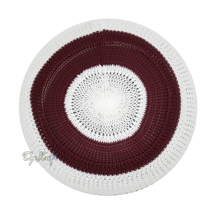 White and Maroon with Green Stripes & Dotted Lines Nylon Stretchy Textured Kufi Hat Skullcap