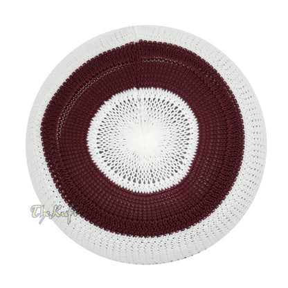 White and Maroon with Green Stripes & Dotted Lines Nylon Stretchy Textured Kufi Hat Skullcap
