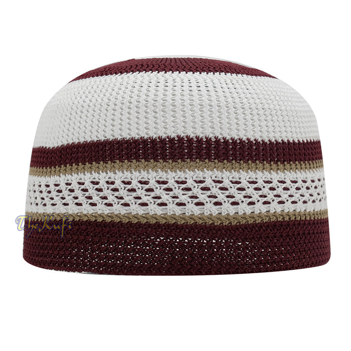 White and Maroon with Khaki Stripes & Dotted Lines Nylon Stretchy Textured Kufi Hat Skullcap