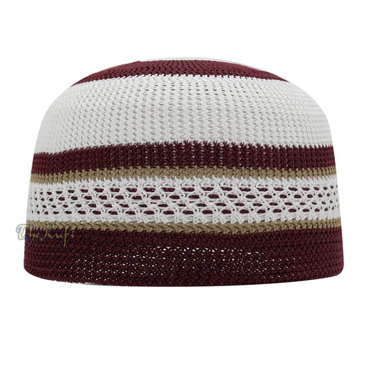 White and Maroon with Khaki Stripes & Dotted Lines Nylon Stretchy Textured Kufi Hat Skullcap