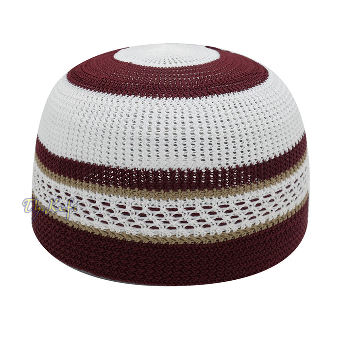 White and Maroon with Khaki Stripes & Dotted Lines Nylon Stretchy Textured Kufi Hat Skullcap