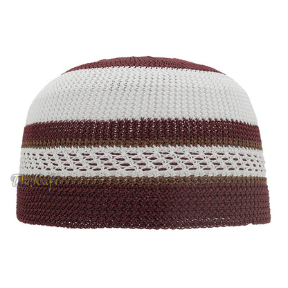 White and Maroon with Rust Brown Stripes & Dotted Lines Nylon Stretchy Textured Kufi Hat Skullcap