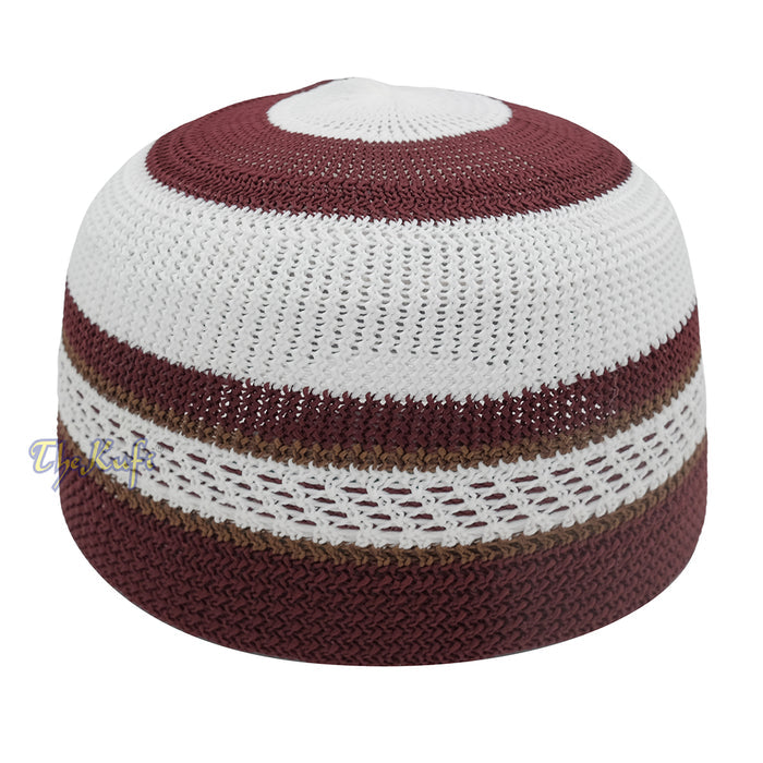 White and Maroon with Rust Brown Stripes & Dotted Lines Nylon Stretchy Textured Kufi Hat Skullcap