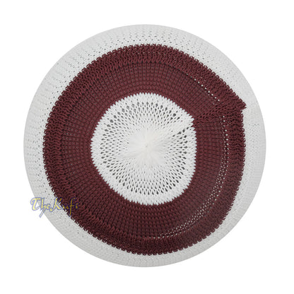 White and Maroon with Rust Brown Stripes & Dotted Lines Nylon Stretchy Textured Kufi Hat Skullcap